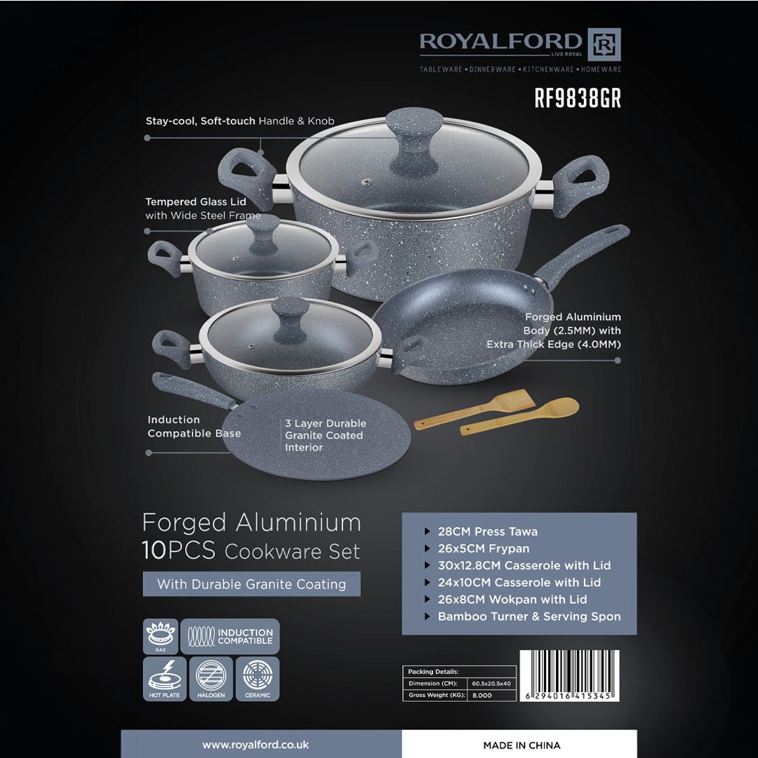 Royalford RF9838GR 10 Pcs Forged Aluminium Cookware Set | Granite Non-Stick | Induction Compatible Base Soft Touch Handles| Tempered Glass Lids for Multi Cooktop Cooking