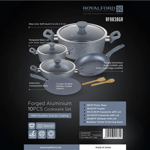 Royalford RF9838GR 10 Pcs Forged Aluminium Cookware Set | Granite Non-Stick | Induction Compatible Base Soft Touch Handles| Tempered Glass Lids for Multi Cooktop Cooking