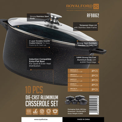 Royalford RF9862 10-Piece Die-Cast Aluminium Casserole Set | Tempered Glass Lids | Granite Coating | Induction Compatible | Heat-resistant ergonomic handles | Durable