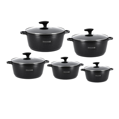 Royalford RF9862 10-Piece Die-Cast Aluminium Casserole Set | Tempered Glass Lids | Granite Coating | Induction Compatible | Heat-resistant ergonomic handles | Durable