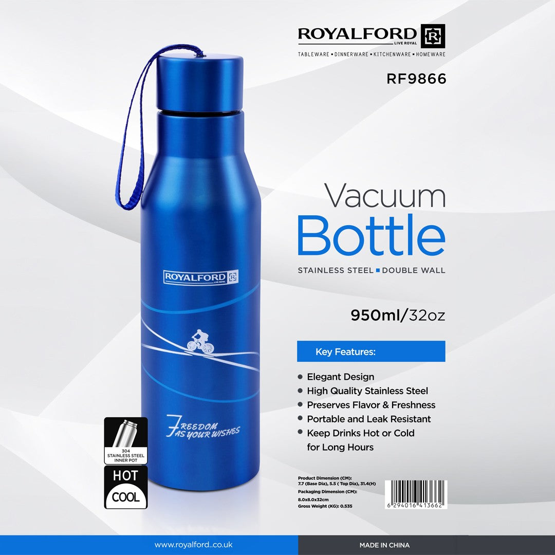 Royalford RF9866 Vacuum Bottle 950ml | Stainless Steel Double Wall Insulated Water Bottle|  Keeps Drinks Hot & Cold for Long Hours | Leak Resistant | Portable Design