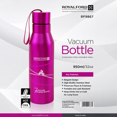 Royalford RF9867 Vacuum Bottle 950ml | Stainless Steel Double Wall Insulated Water Bottle| Keeps Drinks Hot & Cold for Hours | Leak Resistant | Portable Travel Design