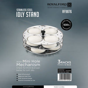Royalford RF9876 Stainless Steel Idly Stand | 3 Racks Makes 12 Soft Idlis | Mini Hole Mechanism| Balanced Heat Flow | Food Grade| Rust Proof Steamer For  Home Cooking