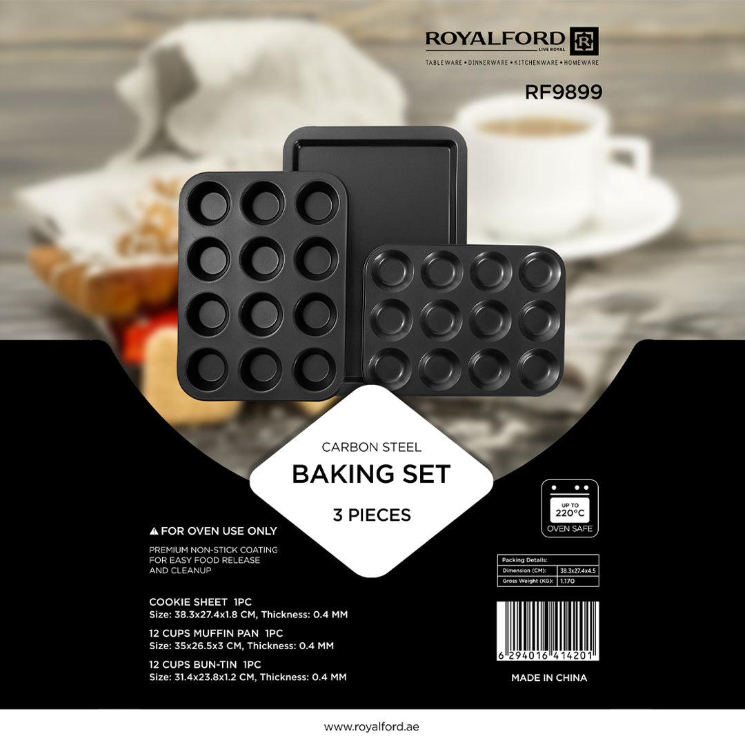 Royalford RF9899 Carbon Steel Baking Set | 3-Piece Non-Stick Cookie Sheet | 12-Cup Muffin Pan & 12-Cup Bun Tin | Oven Safe up to 220°C  | Premium Non-Stick Coating