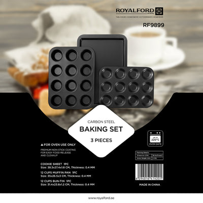 Royalford RF9899 Carbon Steel Baking Set | 3-Piece Non-Stick Cookie Sheet | 12-Cup Muffin Pan & 12-Cup Bun Tin | Oven Safe up to 220°C  | Premium Non-Stick Coating