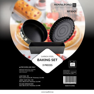 Royalford RF9901 Carbon Steel Baking Set | 3 Pieces with Premium Non-Stick Coating| Oven Safe up | Includes Loaf Pan | Tart Pan & Round Springform for Perfect Baking