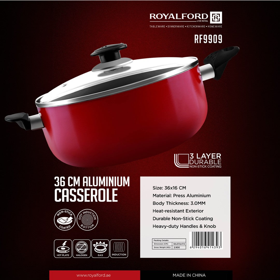 Royalford RF9909 36cm Aluminium Casserole with Lid | 3 Layer | Durable Non Stick Induction Compatible Cookware |  Heat Resistant Exterior and Heavy Duty Handles