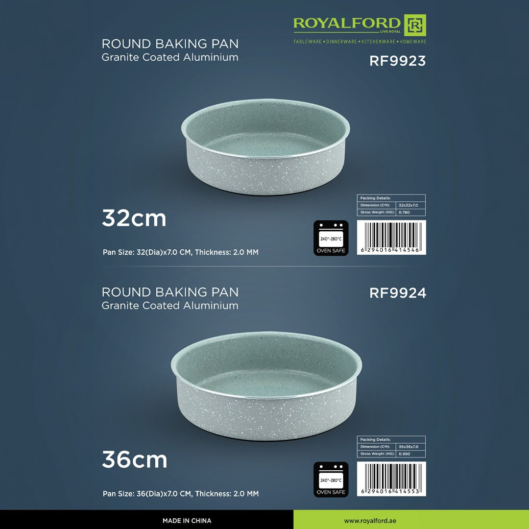 Royalford RF9924 36cm Round Granite Coated Aluminium Baking Pan | 2.0mm Thick | Oven Safe Bakeware | Premium Granite Coating | High-Quality Aluminium Body | Easy to Clean