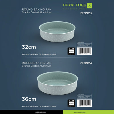 Royalford RF9924 36cm Round Granite Coated Aluminium Baking Pan | 2.0mm Thick | Oven Safe Bakeware | Premium Granite Coating | High-Quality Aluminium Body | Easy to Clean