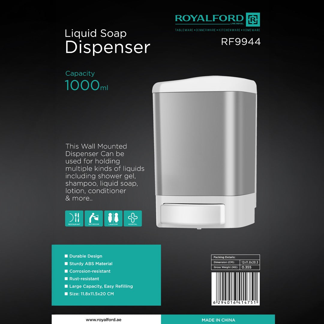Royalford RF9944 Liquid Soap Dispenser | 1000ml Wall Mounted ABS Soap Shampoo Dispenser for Bathroom, Restaurant, Hospital & Lavatory | Hygienic & Durable Design
