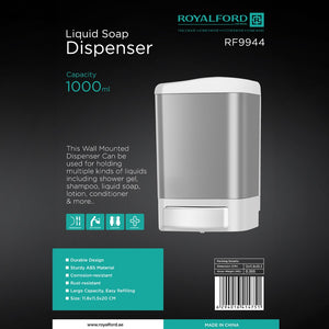 Royalford RF9944 Liquid Soap Dispenser | 1000ml Wall Mounted ABS Soap Shampoo Dispenser for Bathroom, Restaurant, Hospital & Lavatory | Hygienic & Durable Design