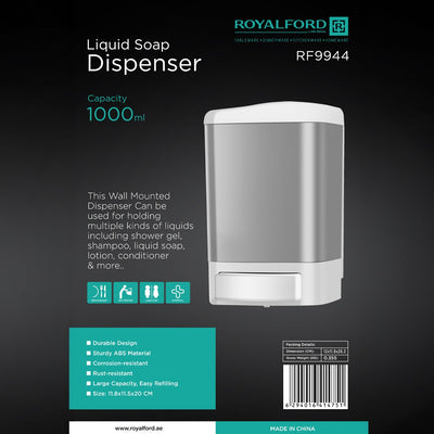 Royalford RF9944 Liquid Soap Dispenser | 1000ml Wall Mounted ABS Soap Shampoo Dispenser for Bathroom, Restaurant, Hospital & Lavatory | Hygienic & Durable Design