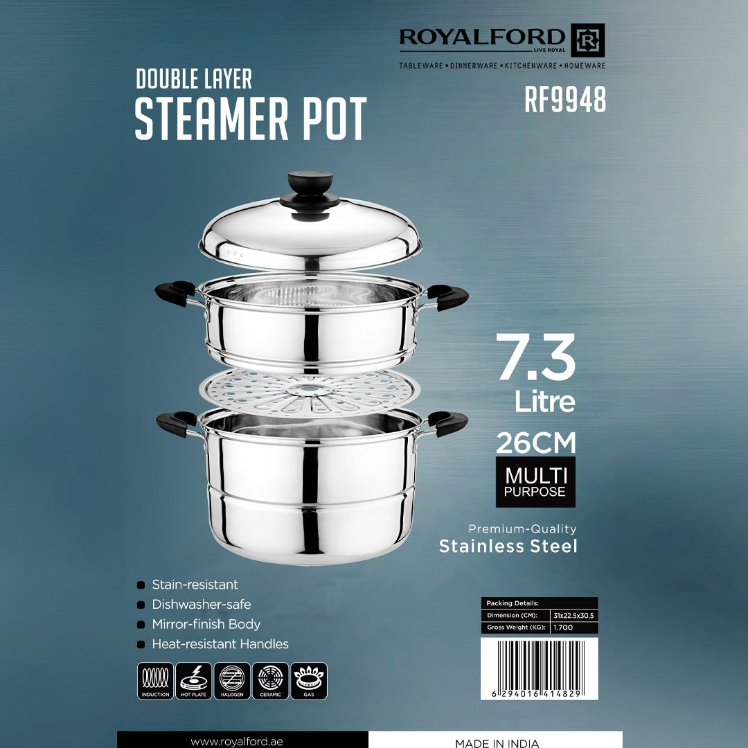 Royalford RF9948 Double Layer Stainless Steel Steamer Pot 7.3L | Premium Mirror-Finish| Multi-Purpose 2-Tier Steamer|Heat-Resistant Handles| Induction Compatible Design