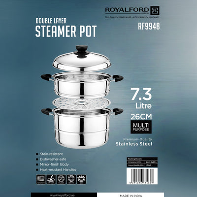 Royalford RF9948 Double Layer Stainless Steel Steamer Pot 7.3L | Premium Mirror-Finish| Multi-Purpose 2-Tier Steamer|Heat-Resistant Handles| Induction Compatible Design