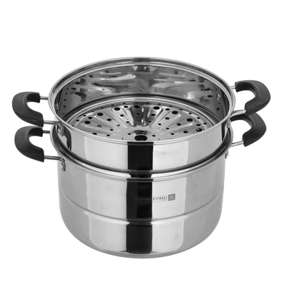 Royalford RF9948 Double Layer Stainless Steel Steamer Pot 7.3L | Premium Mirror-Finish| Multi-Purpose 2-Tier Steamer|Heat-Resistant Handles| Induction Compatible Design