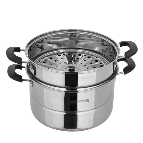 Royalford RF9948 Double Layer Stainless Steel Steamer Pot 7.3L | Premium Mirror-Finish| Multi-Purpose 2-Tier Steamer|Heat-Resistant Handles| Induction Compatible Design