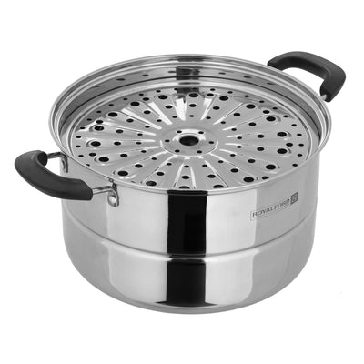 Royalford RF9948 Double Layer Stainless Steel Steamer Pot 7.3L | Premium Mirror-Finish| Multi-Purpose 2-Tier Steamer|Heat-Resistant Handles| Induction Compatible Design