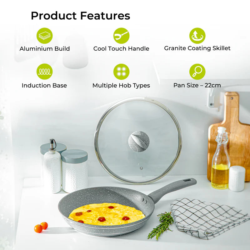Royalford RF9951 Smart Granite Series Frypan | 5-Layer Non-Stick Coating| Forged Aluminium Body| Tempered Glass Lid & Induction Compatible Thick Base Cooking Pan