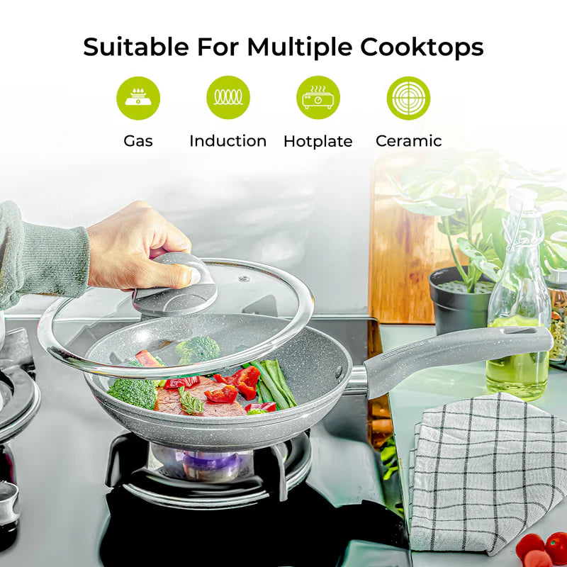 Royalford RF9951 Smart Granite Series Frypan | 5-Layer Non-Stick Coating| Forged Aluminium Body| Tempered Glass Lid & Induction Compatible Thick Base Cooking Pan