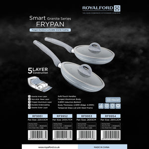 Royalford RF9951 Smart Granite Series Frypan | 5-Layer Non-Stick Coating| Forged Aluminium Body| Tempered Glass Lid & Induction Compatible Thick Base Cooking Pan
