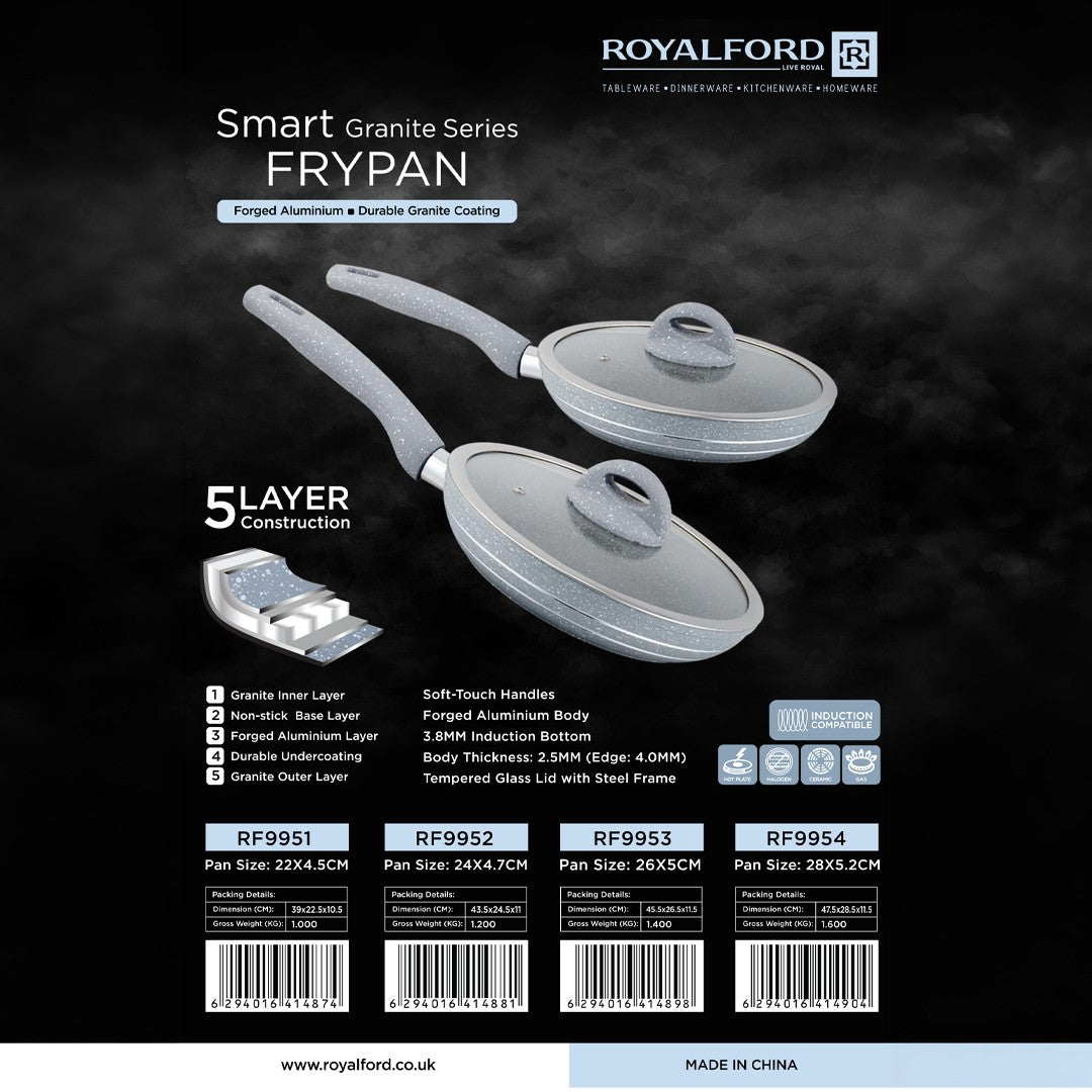 Royalford RF9952 Smart Granite Series Frypan with Lid | 5-Layer Forged Aluminium Non-Stick Pan| Induction Compatible Base| Durable Granite Coating & Ergonomic Handle