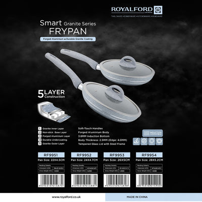 Royalford RF9952 Smart Granite Series Frypan with Lid | 5-Layer Forged Aluminium Non-Stick Pan| Induction Compatible Base| Durable Granite Coating & Ergonomic Handle