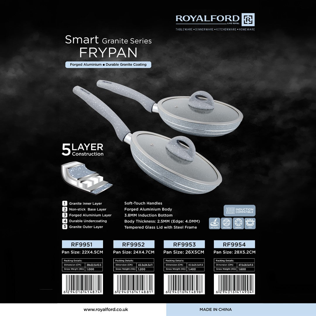 Royalford RF9953 Smart Granite Fry Pan 26cm  | 5 Layer Granite Non-Stick Induction Cookware | Forged Aluminium Body  |  Soft Touch Handle and Tempered Glass Lid