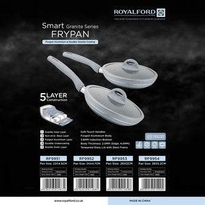Royalford RF9953 Smart Granite Fry Pan 26cm  | 5 Layer Granite Non-Stick Induction Cookware | Forged Aluminium Body  |  Soft Touch Handle and Tempered Glass Lid