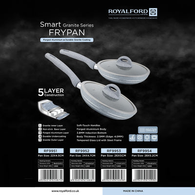 Royalford RF9953 Smart Granite Fry Pan 26cm  | 5 Layer Granite Non-Stick Induction Cookware | Forged Aluminium Body  |  Soft Touch Handle and Tempered Glass Lid