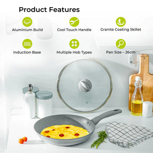 Royalford RF9954 Smart Granite Series 28cm Frypan with Lid | 5 Layer Granite Coating| Forged Aluminium Body| 3.8mm Induction Base| Soft-Touch Handle| Induction Compatible