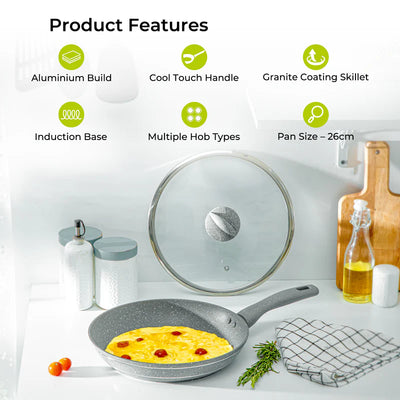 Royalford RF9954 Smart Granite Series 28cm Frypan with Lid | 5 Layer Granite Coating| Forged Aluminium Body| 3.8mm Induction Base| Soft-Touch Handle| Induction Compatible