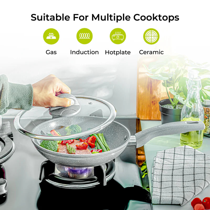 Royalford RF9954 Smart Granite Series 28cm Frypan with Lid | 5 Layer Granite Coating| Forged Aluminium Body| 3.8mm Induction Base| Soft-Touch Handle| Induction Compatible