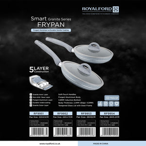 Royalford RF9954 Smart Granite Series 28cm Frypan with Lid | 5 Layer Granite Coating| Forged Aluminium Body| 3.8mm Induction Base| Soft-Touch Handle| Induction Compatible