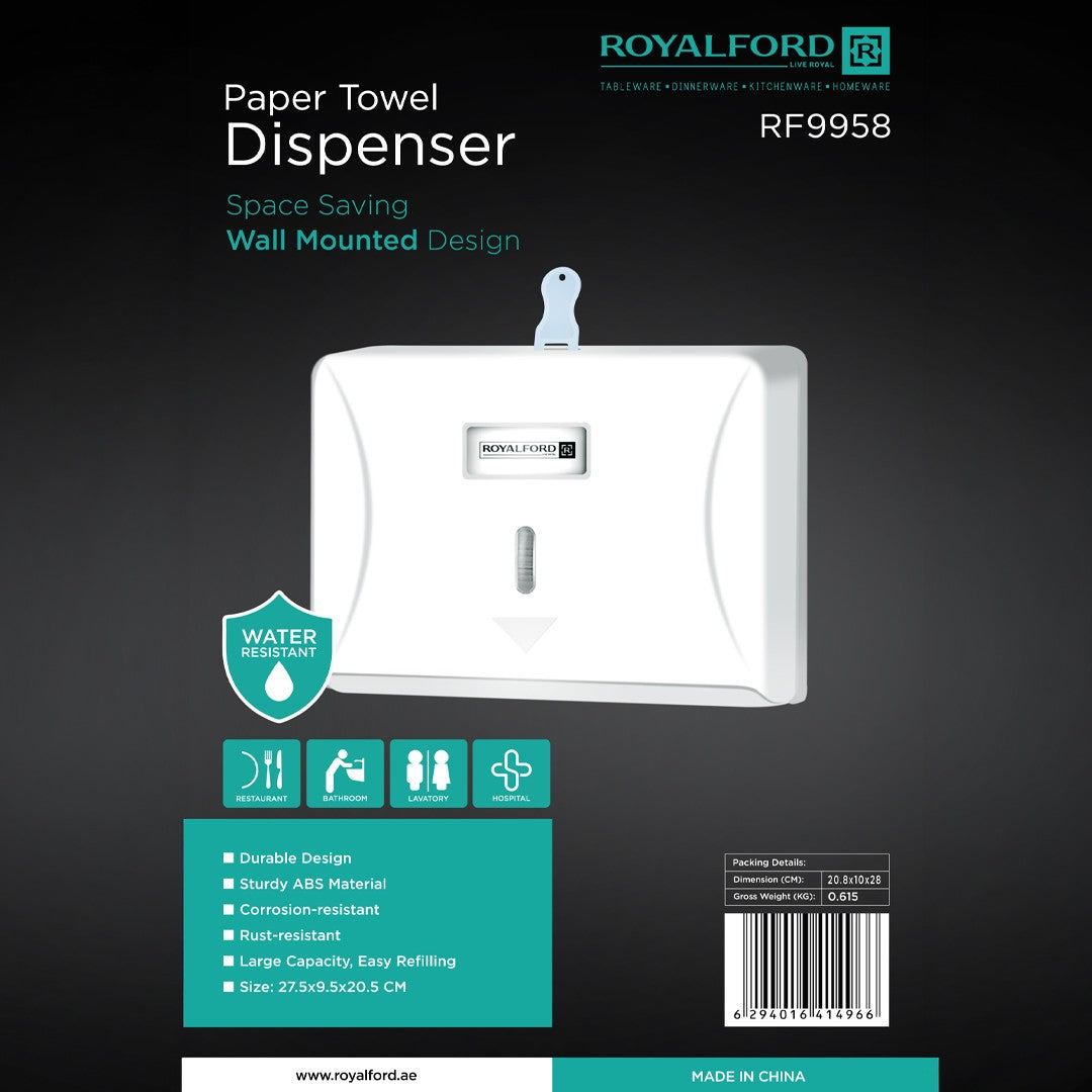 Royalford RF9958 Paper Towel Dispenser | Durable Hygienic Space-Saving Design | Wall Mounted Water-Resistant ABS Body for Bathroom, Restaurant, Lavatory & Hospital Use