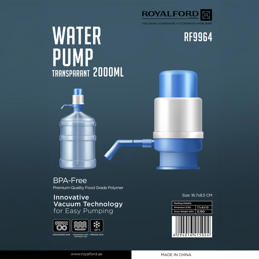Royalford RF9964 Manual Water Pump with Transparent 2000ml Capacity | BPA-Free Food-Grade Bottle Pump | Innovative Vacuum Technology | Perfect For Easy Water Dispensing