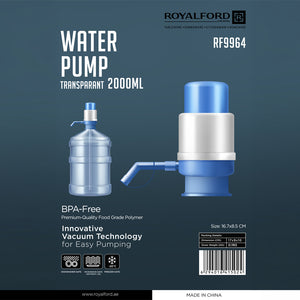 Royalford RF9964 Manual Water Pump with Transparent 2000ml Capacity | BPA-Free Food-Grade Bottle Pump | Innovative Vacuum Technology | Perfect For Easy Water Dispensing