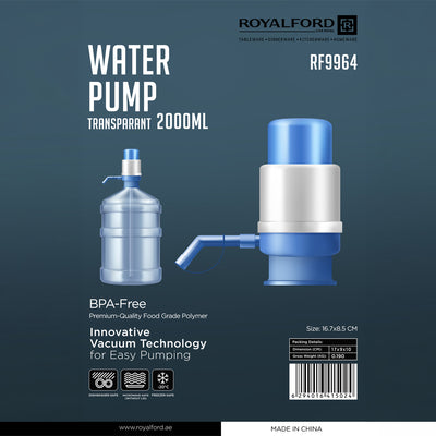Royalford RF9964 Manual Water Pump with Transparent 2000ml Capacity | BPA-Free Food-Grade Bottle Pump | Innovative Vacuum Technology | Perfect For Easy Water Dispensing