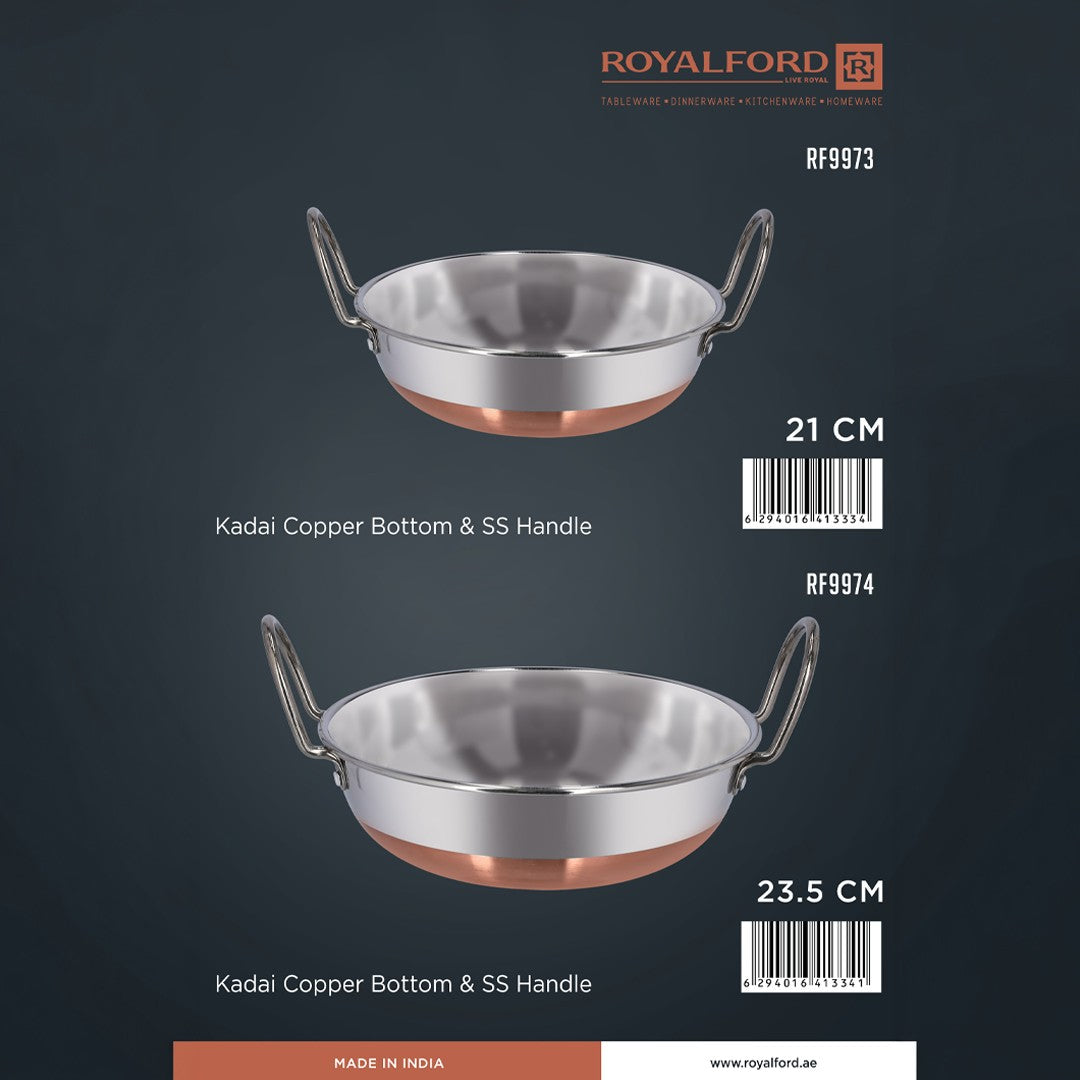 Royalford RF9973  Stainless Steel Kadai with Copper Bottom | 21cm Size | Cooking Kadai with Fast Heating Design | Durable SS Handles for Reliable Traditional Use