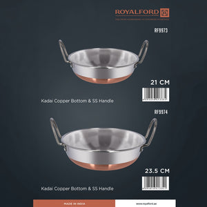 Royalford RF9973  Stainless Steel Kadai with Copper Bottom | 21cm Size | Cooking Kadai with Fast Heating Design | Durable SS Handles for Reliable Traditional Use