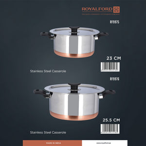 Royalford RF9976 25.5CM Stainless Steel Casserole with Lid | Copper Base  |  Premium Stainless Steel Construction | Close-Fitting Stainless Steel Lid | Mirror Finish