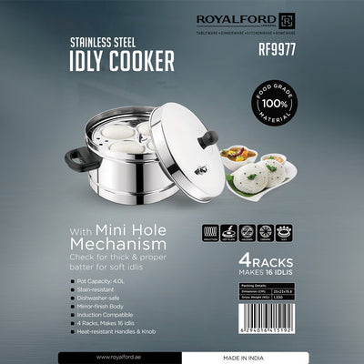 Royalford RF9977 Stainless Steel Idly Cooker | 4 Racks Makes 16 Idlis | Mini Hole Mechanism| Induction Compatible | Heat-Resistant Handles  | Mirror-Finish Body