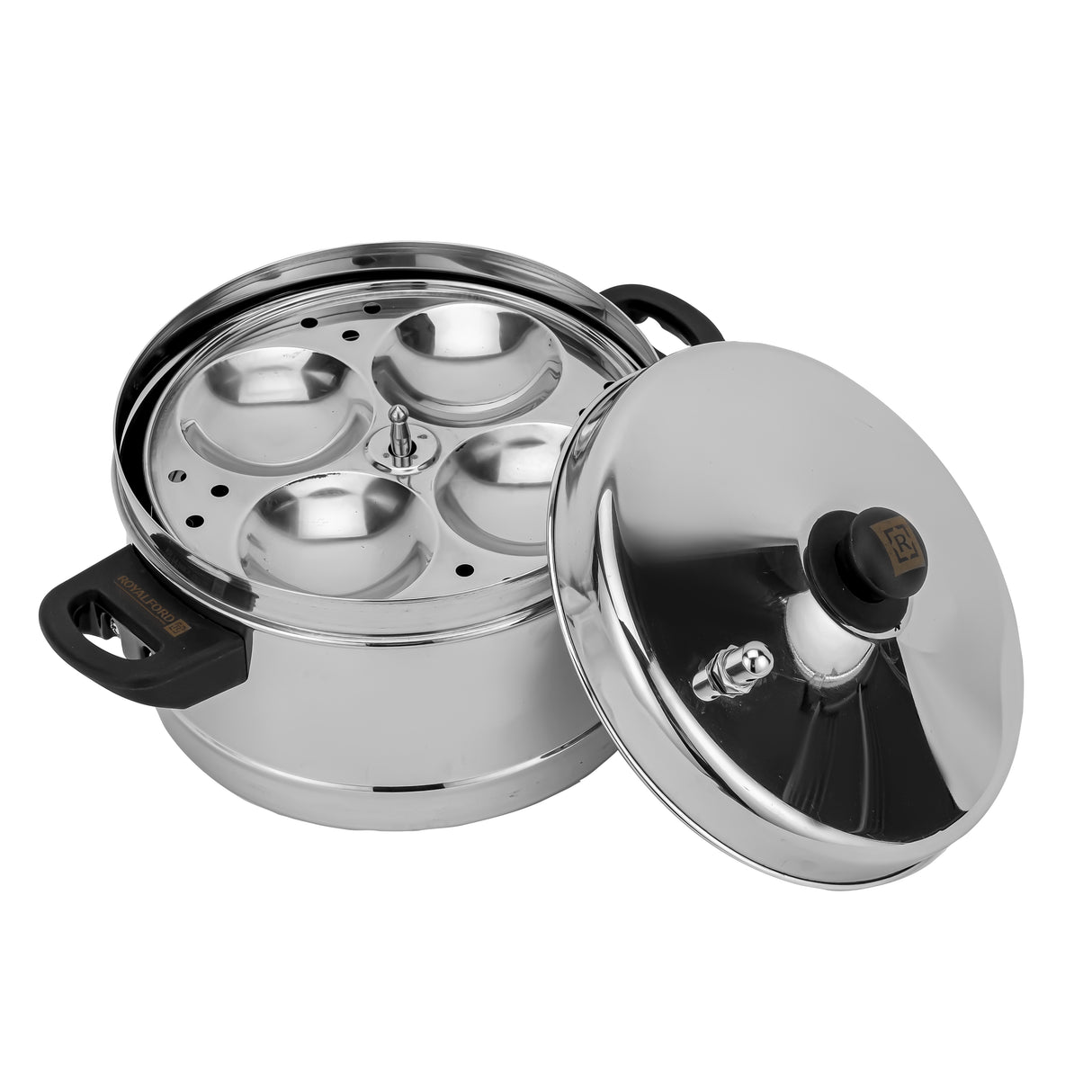 Royalford RF9977 Stainless Steel Idly Cooker | 4 Racks Makes 16 Idlis | Mini Hole Mechanism| Induction Compatible | Heat-Resistant Handles  | Mirror-Finish Body