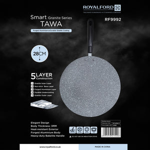 Royalford RF9992 Smart Granite Series Tawa 28cm | 5 Layer Granite Non-Stick Forged Aluminium Tawa with Coating | Heat Resistant Exterior & Heavy Duty Bakelite Handle