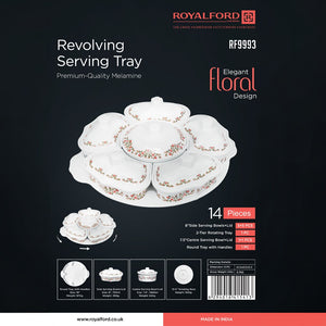 Royalford RF9993 14-Piece Revolving Serving Tray Set | Premium Melamine Floral Design | 2-Tier Rotating Tray with Side & Centre Bowls + Lids | Ideal for Parties & Dining