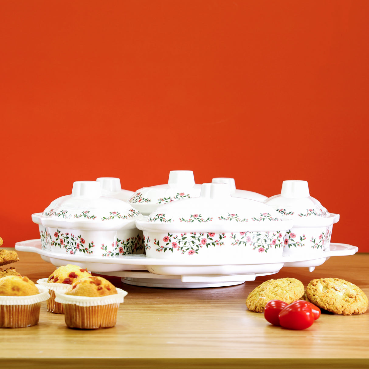 Royalford RF9993 14-Piece Revolving Serving Tray Set | Premium Melamine Floral Design | 2-Tier Rotating Tray with Side & Centre Bowls + Lids | Ideal for Parties & Dining