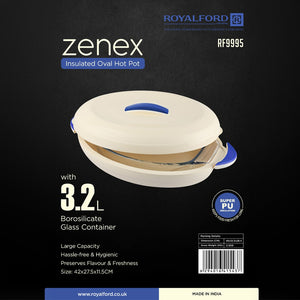 Royalford RF9995 Zenex 3.2L Insulated Oval Hot Pot with Borosilicate Glass Container | Super PU Insulation | Hygienic, stain-resistant, and odour-free glass container