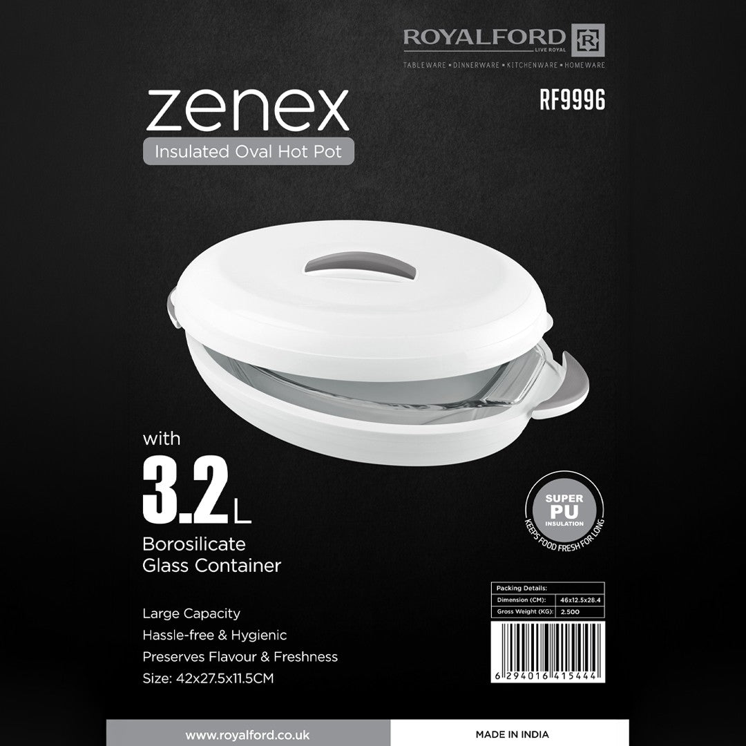 Royalford RF9996 Zenex 3.2L Insulated Oval Hot Pot with Borosilicate Glass Container | Super PU Insulation | Super PU insulation | Double-wall insulated construction