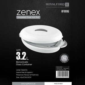 Royalford RF9996 Zenex 3.2L Insulated Oval Hot Pot with Borosilicate Glass Container | Super PU Insulation | Super PU insulation | Double-wall insulated construction