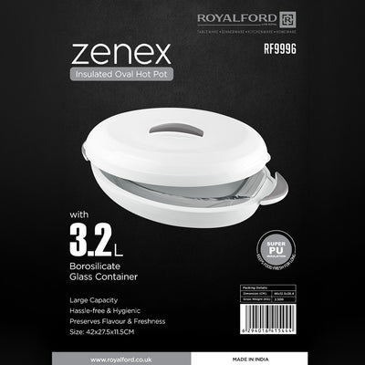 Royalford RF9996 Zenex 3.2L Insulated Oval Hot Pot with Borosilicate Glass Container | Super PU Insulation | Super PU insulation | Double-wall insulated construction