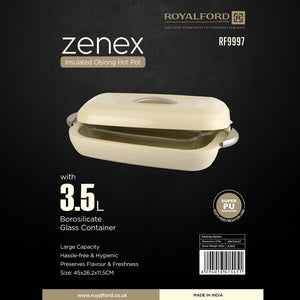 Royalford RF9997 Zenex 3.5L Insulated Oblong Hot Pot with Borosilicate Glass Container | Super PU Insulation | Elegant oblong design | Strong ergonomic side handles